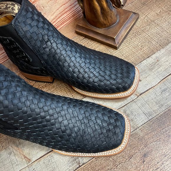 Men Western Square Toe Cowboy ANKLE BOOT Woven Braided Botin Vaquera Tejida Piel
